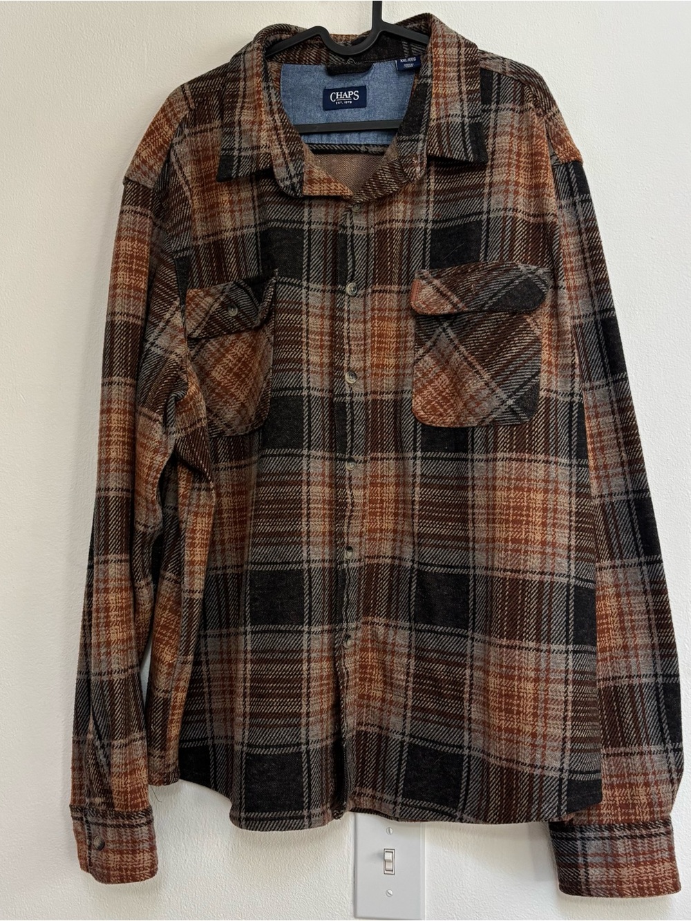 Chaps Men’s Plaid Flannel Jacket in Brown, Black & Orange